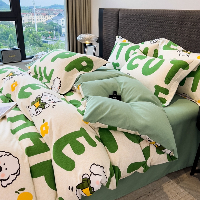 91家纺网 家纺一手货源 找家纺 印季家纺 2025新款全棉纯棉生态印花加厚混纺磨毛四件套 奶绿小狗