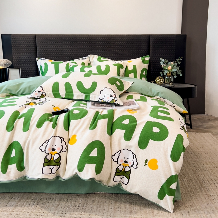 91家纺网 家纺一手货源 找家纺 印季家纺 2025新款全棉纯棉生态印花加厚混纺磨毛四件套 奶绿小狗