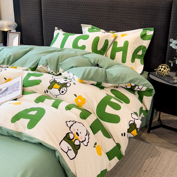 91家纺网 家纺一手货源 找家纺 印季家纺 2025新款全棉纯棉生态印花加厚混纺磨毛四件套 奶绿小狗