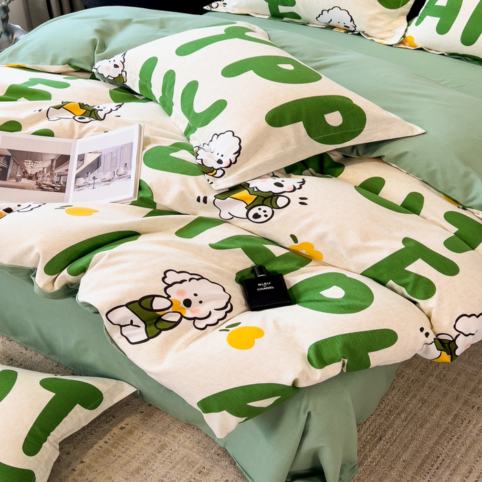 91家纺网 家纺一手货源 找家纺 印季家纺 2025新款全棉纯棉生态印花加厚混纺磨毛四件套 奶绿小狗