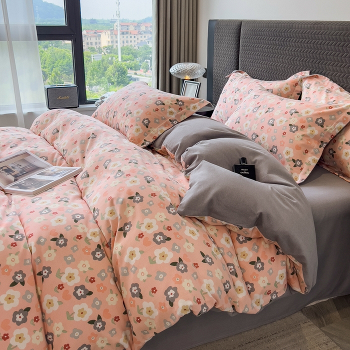 91家纺网 家纺一手货源 找家纺 印季家纺 2025新款全棉纯棉生态印花加厚混纺磨毛四件套 诺拉（粉）