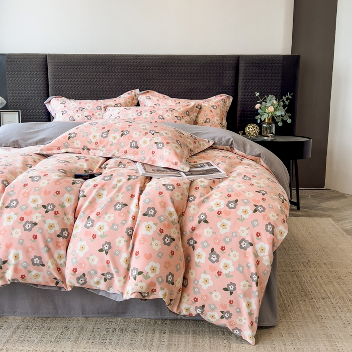 91家纺网 家纺一手货源 找家纺 印季家纺 2025新款全棉纯棉生态印花加厚混纺磨毛四件套 诺拉（粉）