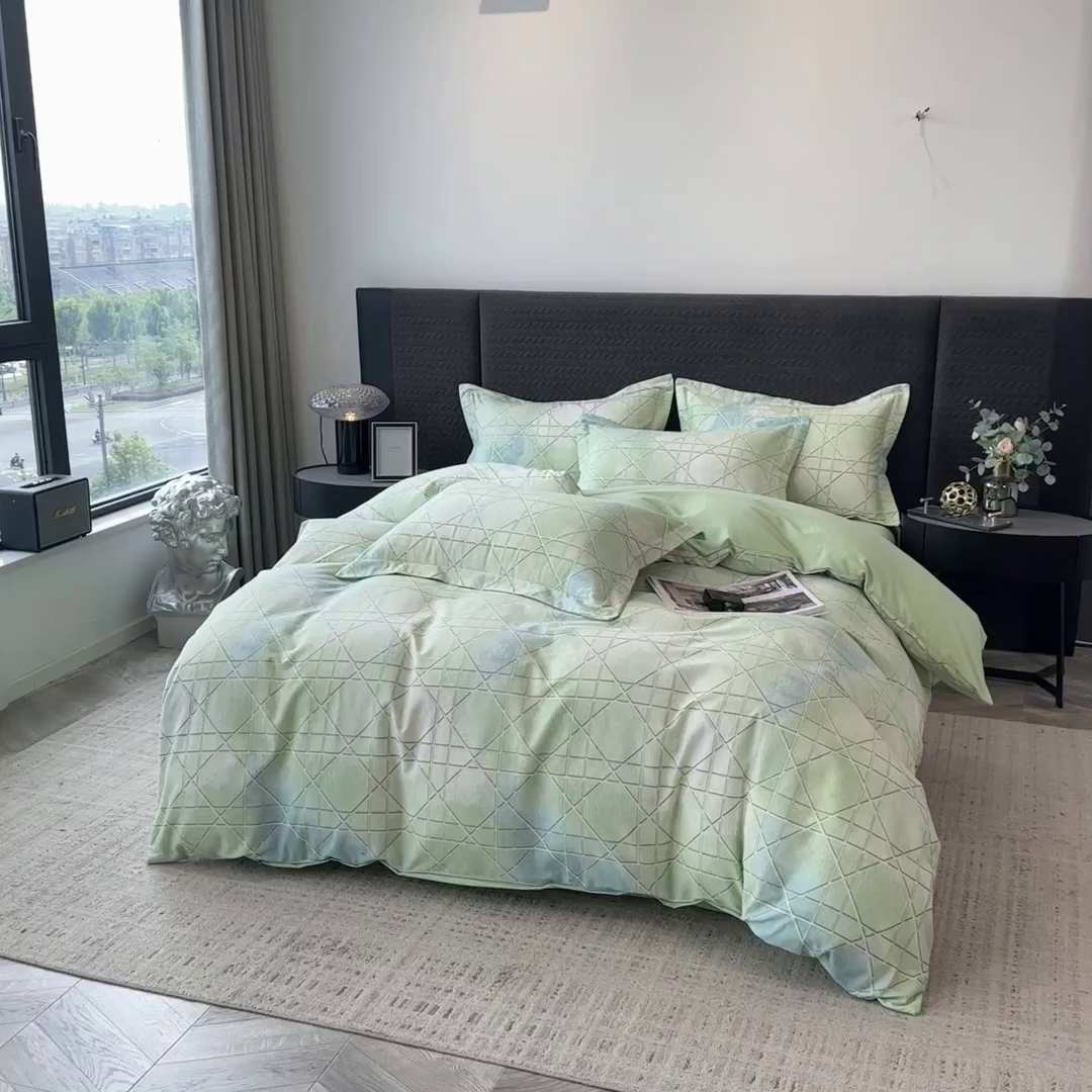 91家纺网 家纺一手货源 找家纺 印季家纺 2025新款全棉纯棉生态印花加厚混纺磨毛四件套 欧碧-绿