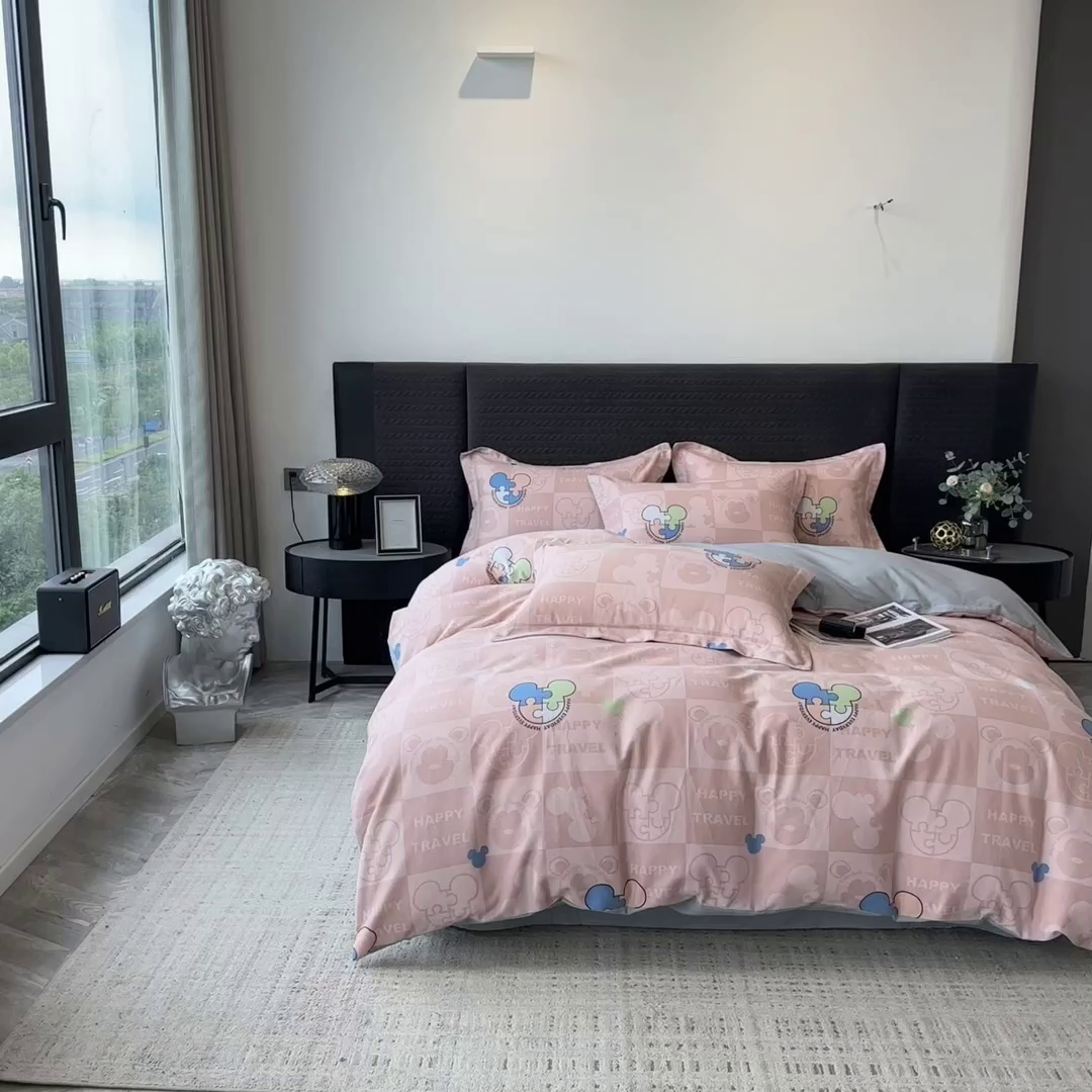 91家纺网 家纺一手货源 找家纺 印季家纺 2025新款全棉纯棉生态印花加厚混纺磨毛四件套 普蒂妮（粉）