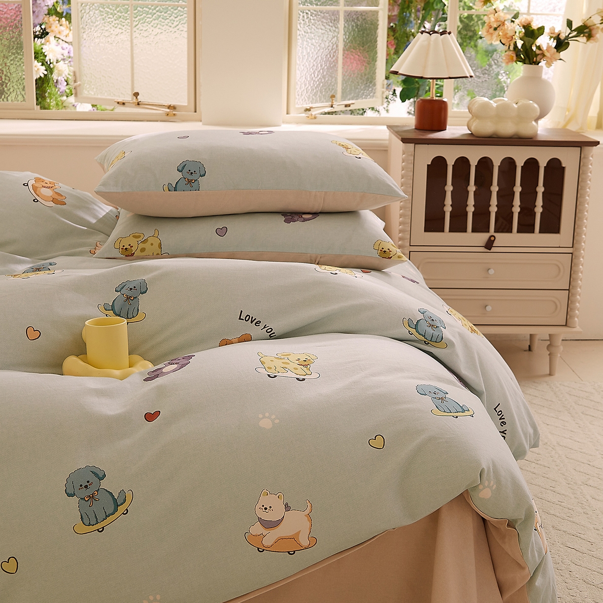 91家纺网 家纺一手货源 找家纺 DoDo 兜兜 2026新款全棉纯棉磨毛印花三四件套 可定做尺寸 俏皮狗