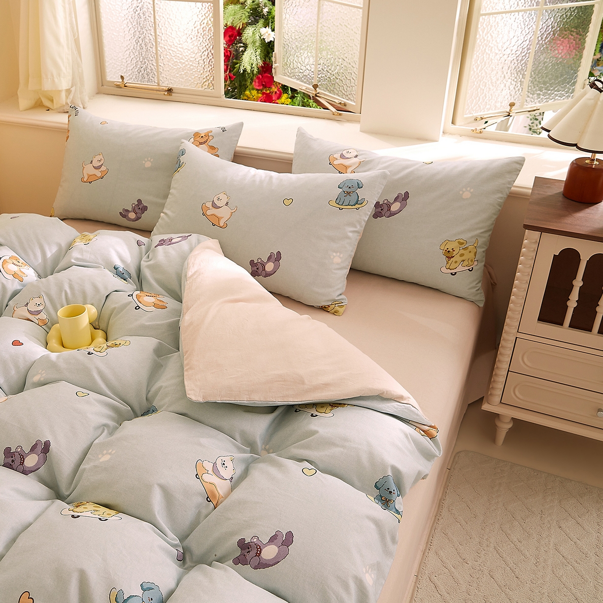 91家纺网 家纺一手货源 找家纺 DoDo 兜兜 2026新款全棉纯棉磨毛印花三四件套 可定做尺寸 俏皮狗