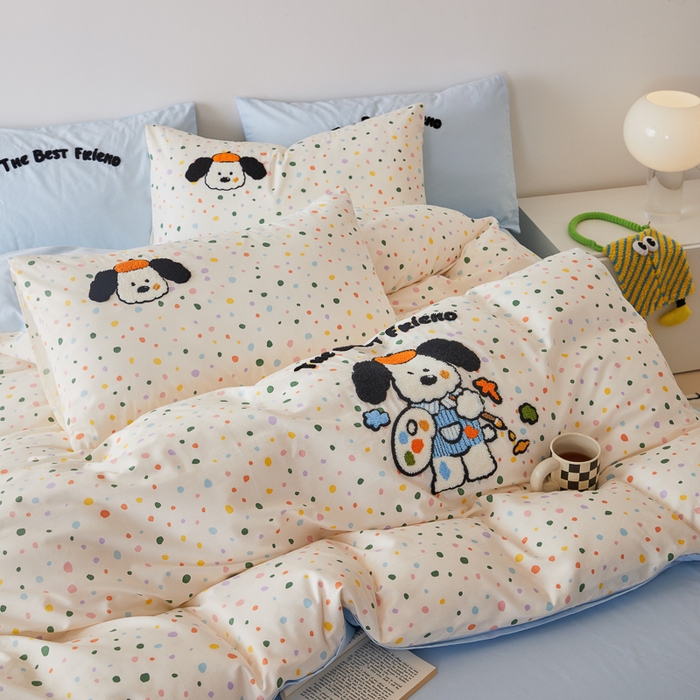 91家纺网 家纺一手货源 找家纺 （总）锦觅 2025新款时尚条纹小清新卡通学生季系列印花绣花全棉纯棉四件套