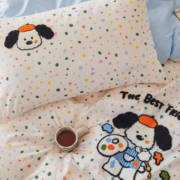 91家纺网 家纺一手货源 找家纺 （总）锦觅 2025新款时尚条纹小清新卡通学生季系列印花绣花全棉纯棉四件套