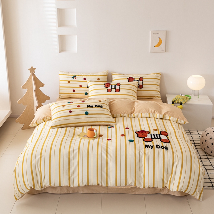 锦觅 2025新款时尚条纹小清新卡通学生季系列印花绣花全棉纯棉四件套 puppy艺术家