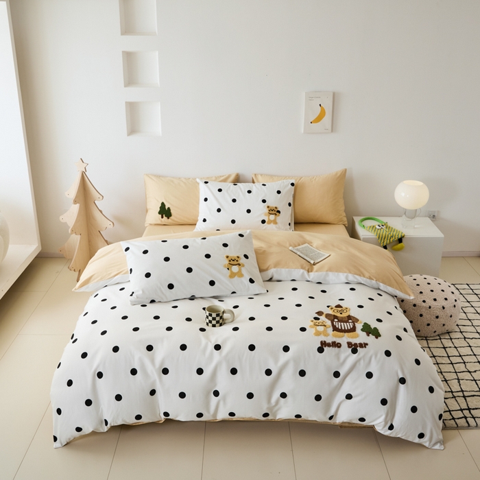 锦觅 2025新款时尚条纹小清新卡通学生季系列印花绣花全棉纯棉四件套 你好小熊