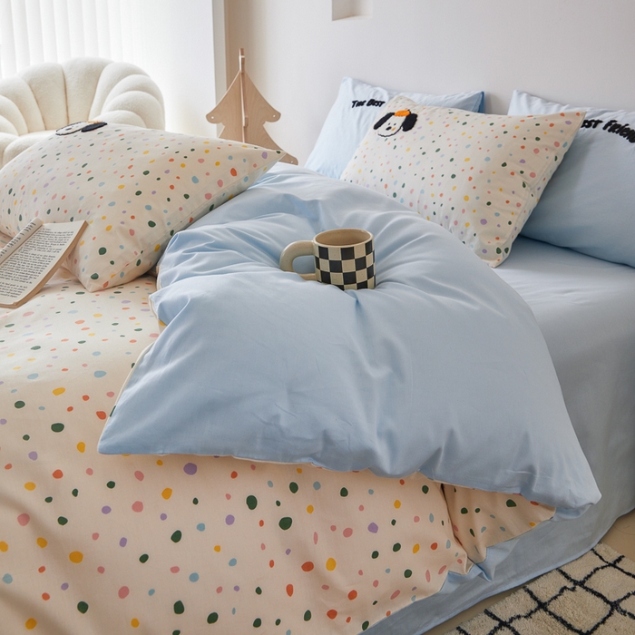 91家纺网 家纺一手货源 找家纺 锦觅 2025新款时尚条纹小清新卡通学生季系列印花绣花全棉纯棉四件套 小画家