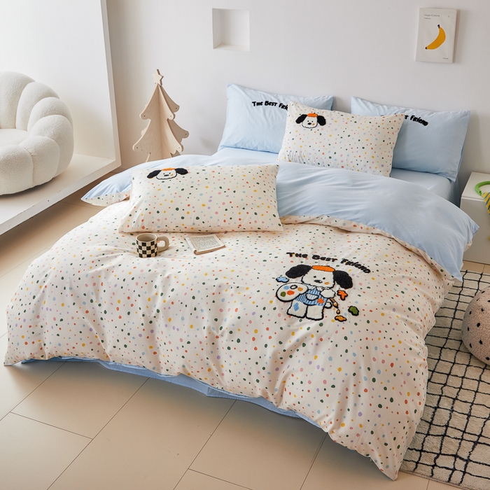 91家纺网 家纺一手货源 找家纺 锦觅 2025新款时尚条纹小清新卡通学生季系列印花绣花全棉纯棉四件套 小画家