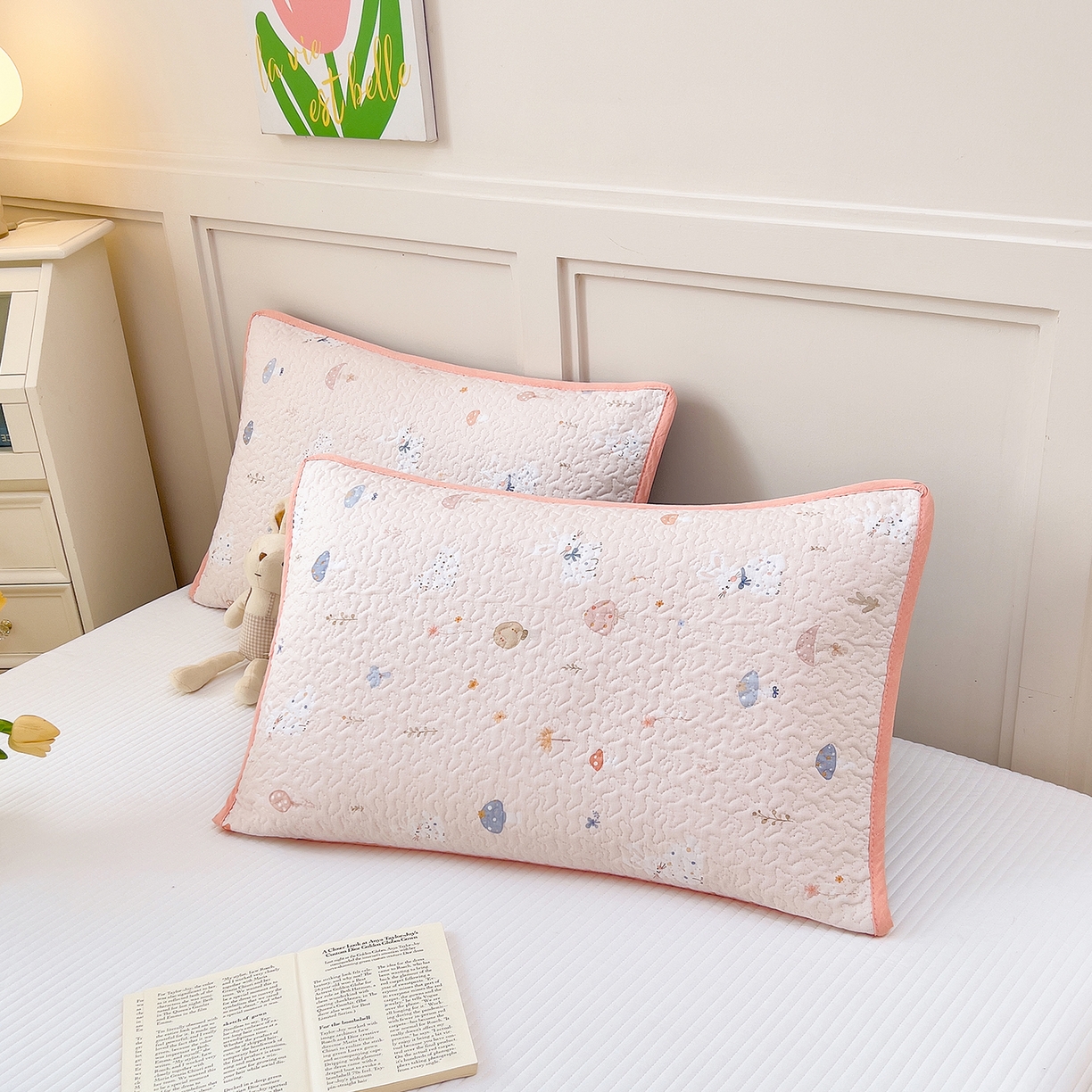 拾小柒 2025年新款全棉双层纱枕套夹棉隔脏污防口水头油枕头套 萌趣森林粉