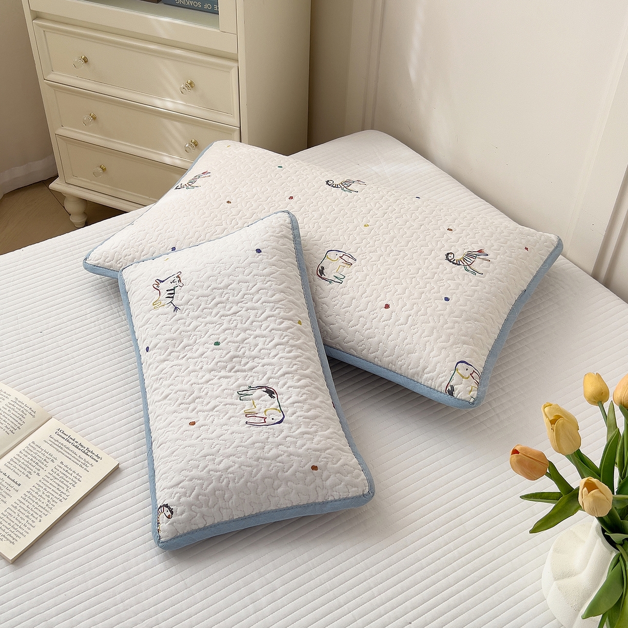 拾小柒 2025年新款全棉双层纱枕套夹棉隔脏污防口水头油枕头套 七彩童年