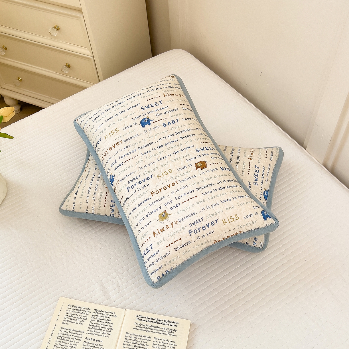 91家纺网 家纺一手货源 找家纺 拾小柒 2025年新款全棉双层纱枕套夹棉隔脏污防口水头油枕头套 英文象蓝