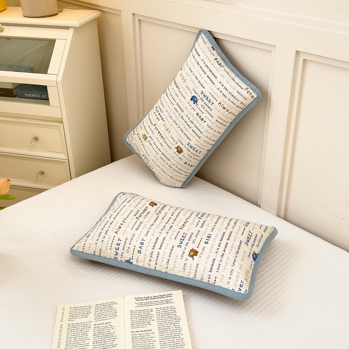 91家纺网 家纺一手货源 找家纺 拾小柒 2025年新款全棉双层纱枕套夹棉隔脏污防口水头油枕头套 英文象蓝