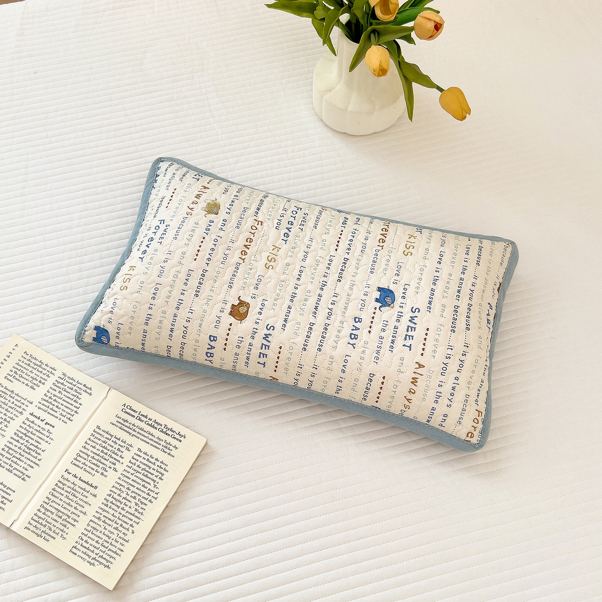 91家纺网 家纺一手货源 找家纺 拾小柒 2025年新款全棉双层纱枕套夹棉隔脏污防口水头油枕头套 英文象蓝