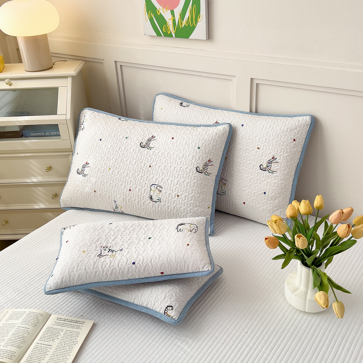 91家纺网 家纺一手货源 找家纺 拾小柒 2025年新款全棉双层纱枕套夹棉隔脏污防口水头油枕头套 七彩童年