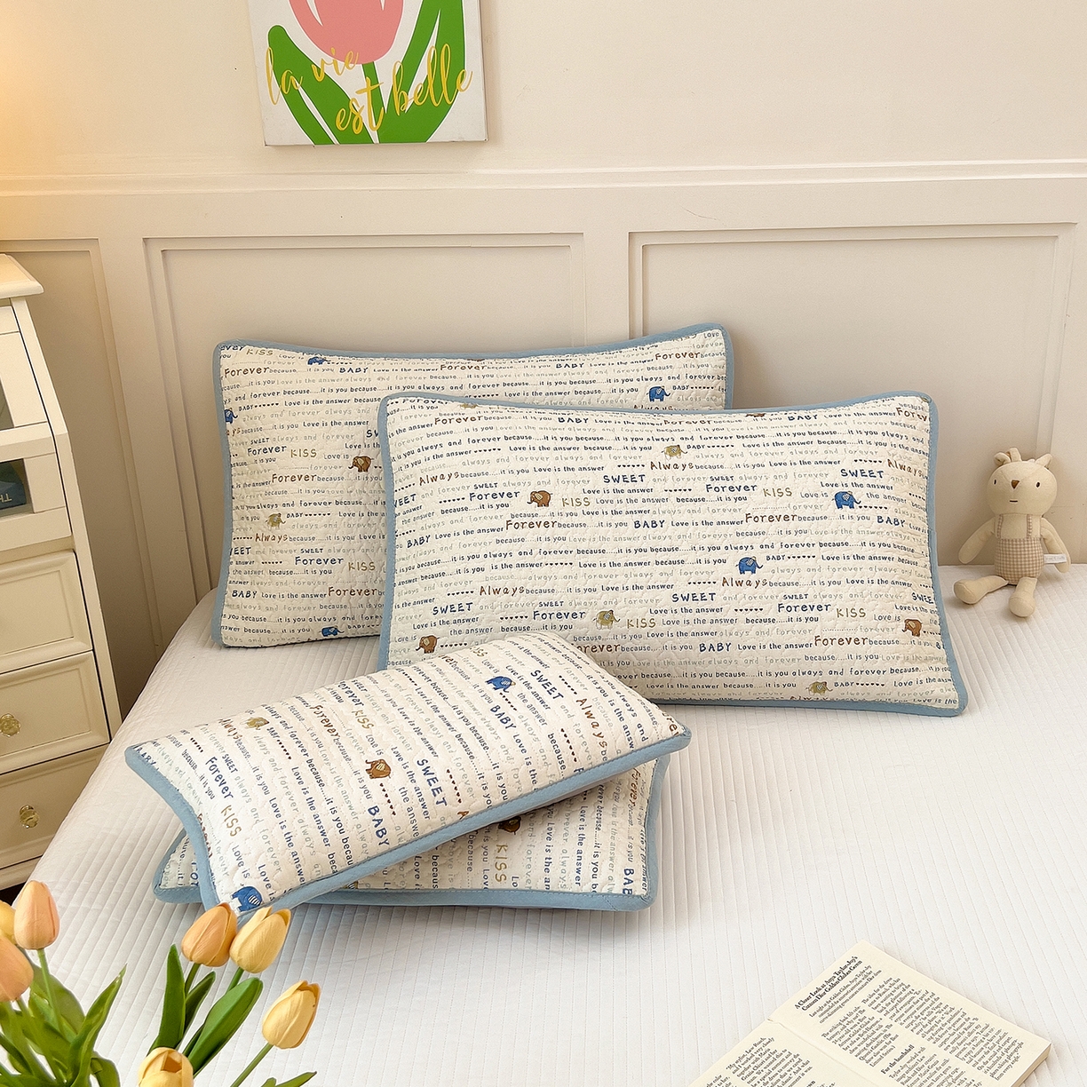 91家纺网 家纺一手货源 找家纺 拾小柒 2025年新款全棉双层纱枕套夹棉隔脏污防口水头油枕头套 英文象蓝