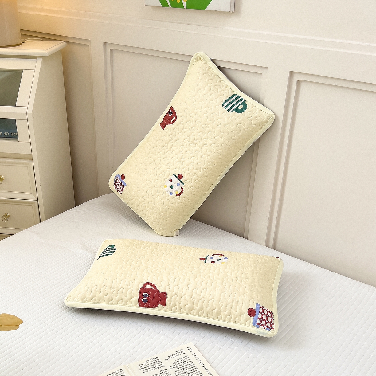 91家纺网 家纺一手货源 找家纺 拾小柒 2025年新款全棉双层纱枕套夹棉隔脏污防口水头油枕头套 彩色杯黄