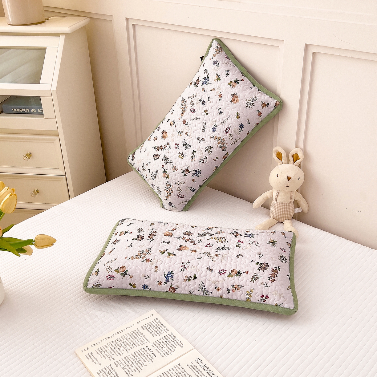 91家纺网 家纺一手货源 找家纺 拾小柒 2025年新款全棉双层纱枕套夹棉隔脏污防口水头油枕头套 春色满园