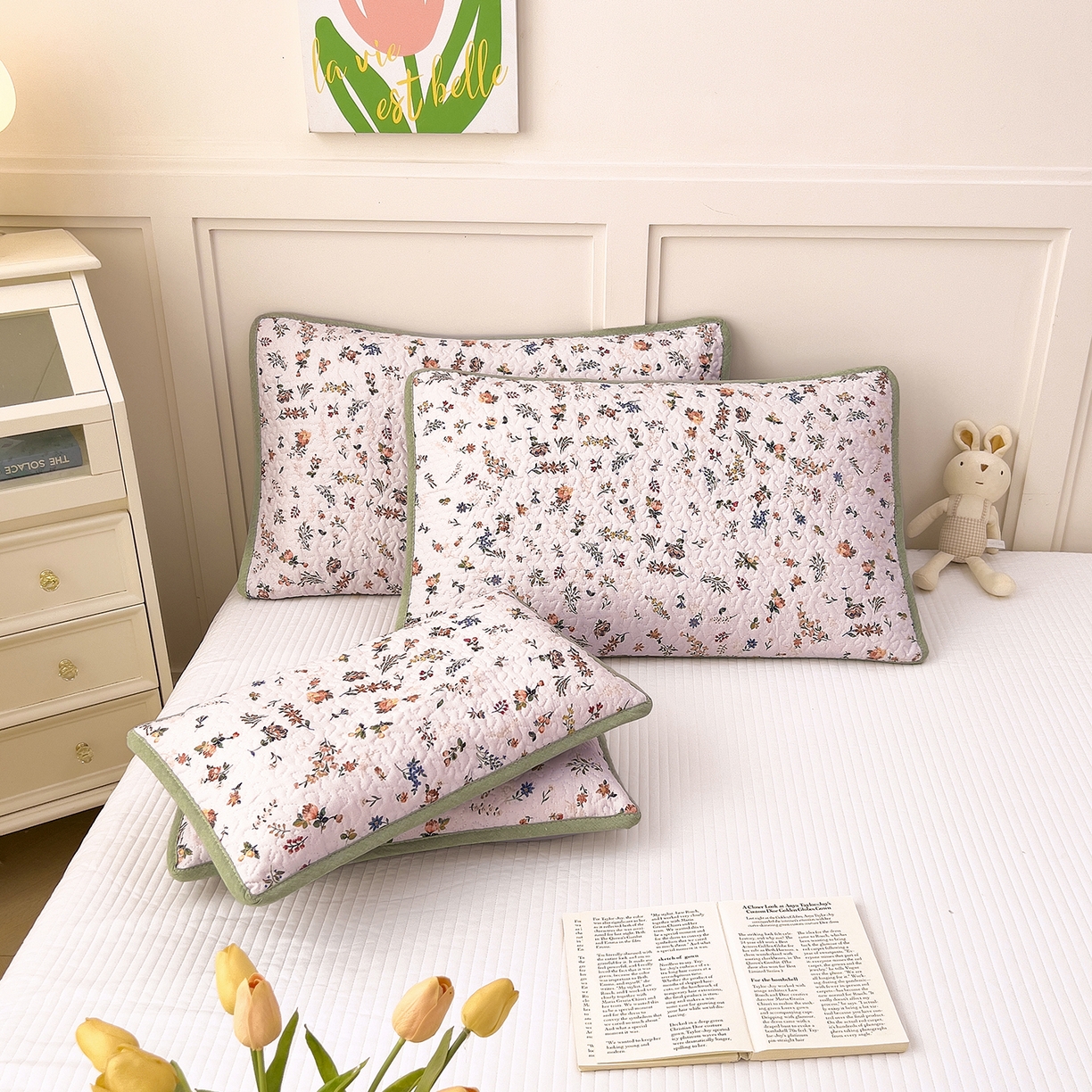 91家纺网 家纺一手货源 找家纺 拾小柒 2025年新款全棉双层纱枕套夹棉隔脏污防口水头油枕头套 春色满园