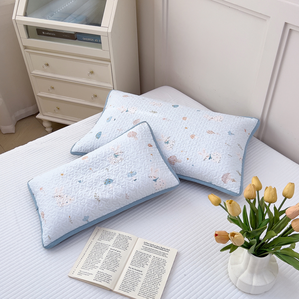 拾小柒 2025年新款全棉双层纱枕套夹棉隔脏污防口水头油枕头套 萌趣森林蓝