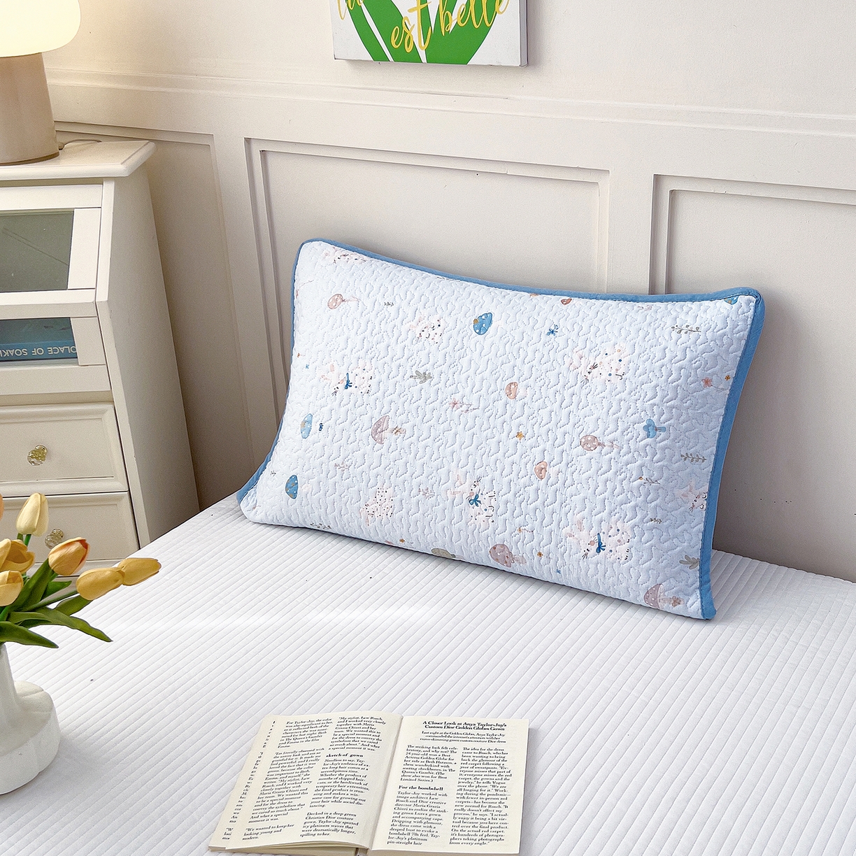 91家纺网 家纺一手货源 找家纺 拾小柒 2025年新款全棉双层纱枕套夹棉隔脏污防口水头油枕头套 萌趣森林蓝