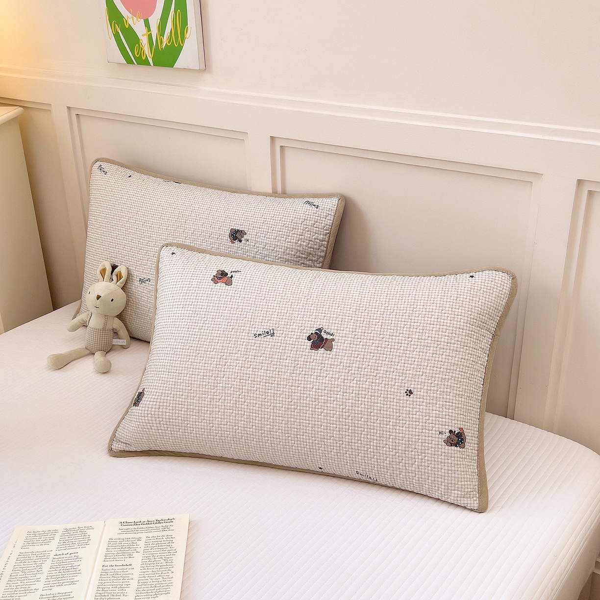 91家纺网 家纺一手货源 找家纺 拾小柒 2025年新款全棉双层纱枕套夹棉隔脏污防口水头油枕头套 格子狗米