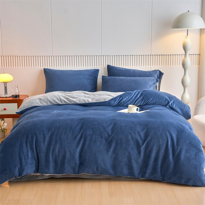 91家纺网 家纺一手货源 找家纺 乐居家纺 2025新款200克重纯色单面绒牛奶绒四件套 宝石蓝+绅士灰