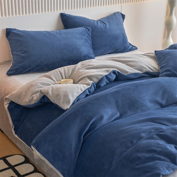 91家纺网 家纺一手货源 找家纺 乐居家纺 2025新款200克重纯色单面绒牛奶绒四件套 宝石蓝+绅士灰