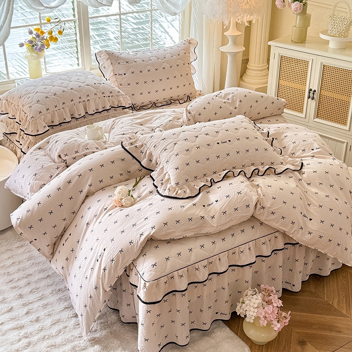 91家纺网 家纺一手货源 找家纺 （总）优家居 2025新品水洗棉夹棉床裙四件套韩版糯糯棉水洗皱皱纱床罩被套直播爆款