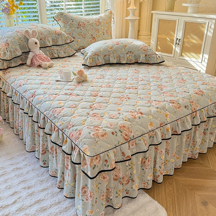 91家纺网 家纺一手货源 找家纺 （总）优家居 2025新品水洗棉夹棉床裙四件套韩版糯糯棉水洗皱皱纱床罩被套直播爆款