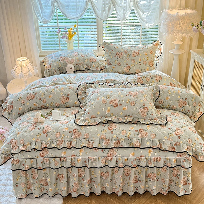 91家纺网 家纺一手货源 找家纺 （总）优家居 2025新品水洗棉夹棉床裙四件套韩版糯糯棉水洗皱皱纱床罩被套直播爆款