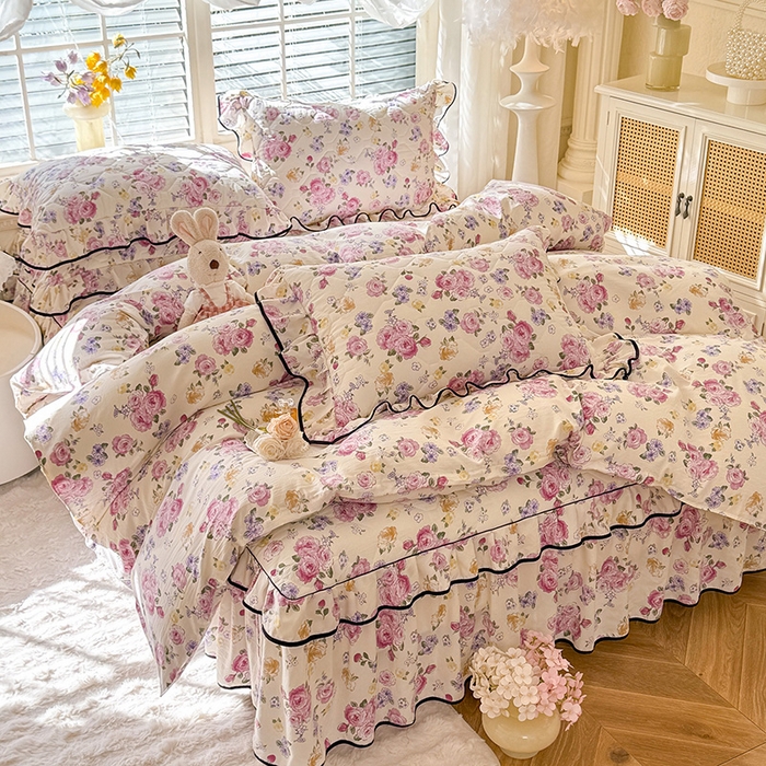 91家纺网 家纺一手货源 找家纺 （总）优家居 2025新品水洗棉夹棉床裙四件套韩版糯糯棉水洗皱皱纱床罩被套直播爆款