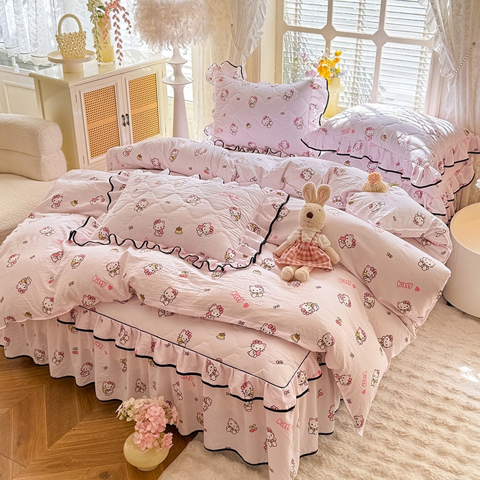 91家纺网 家纺一手货源 找家纺 优家居 2025新品水洗棉夹棉床裙四件套韩版糯糯棉水洗皱皱纱床罩被套直播爆款 粉色猫猫