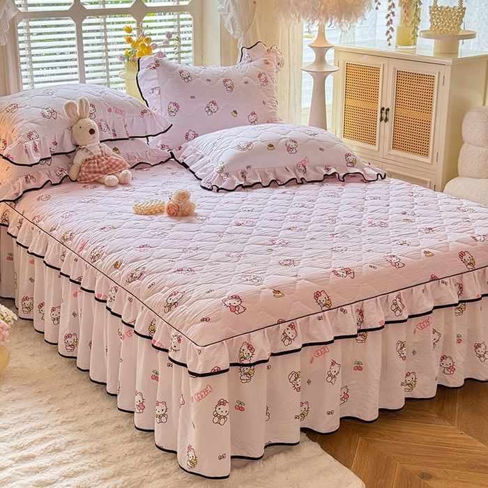 91家纺网 家纺一手货源 找家纺 优家居 2025新品水洗棉夹棉床裙四件套韩版糯糯棉水洗皱皱纱床罩被套直播爆款 粉色猫猫