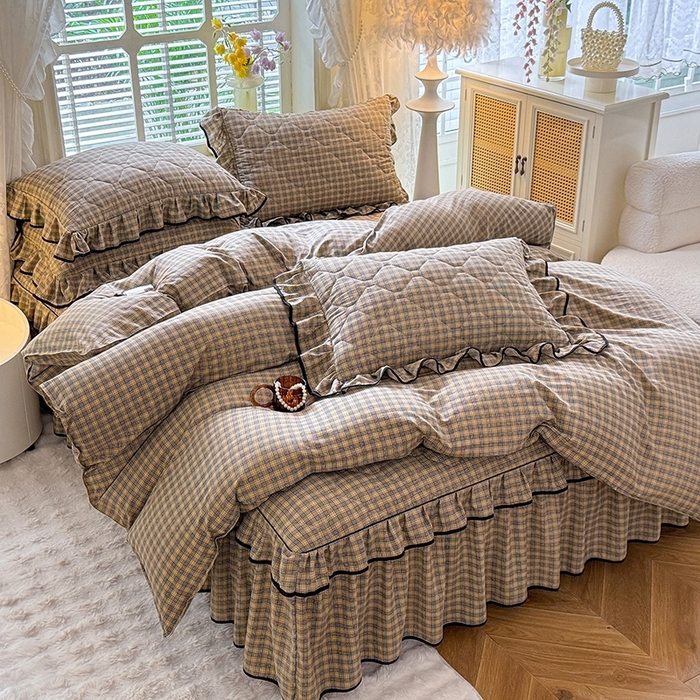 91家纺网 家纺一手货源 找家纺 （总）优家居 2025新品水洗棉夹棉床裙四件套韩版糯糯棉水洗皱皱纱床罩被套直播爆款