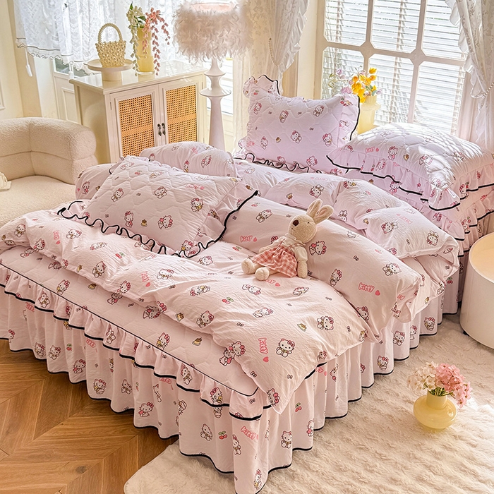 91家纺网 家纺一手货源 找家纺 优家居 2025新品水洗棉夹棉床裙四件套韩版糯糯棉水洗皱皱纱床罩被套直播爆款 粉色猫猫