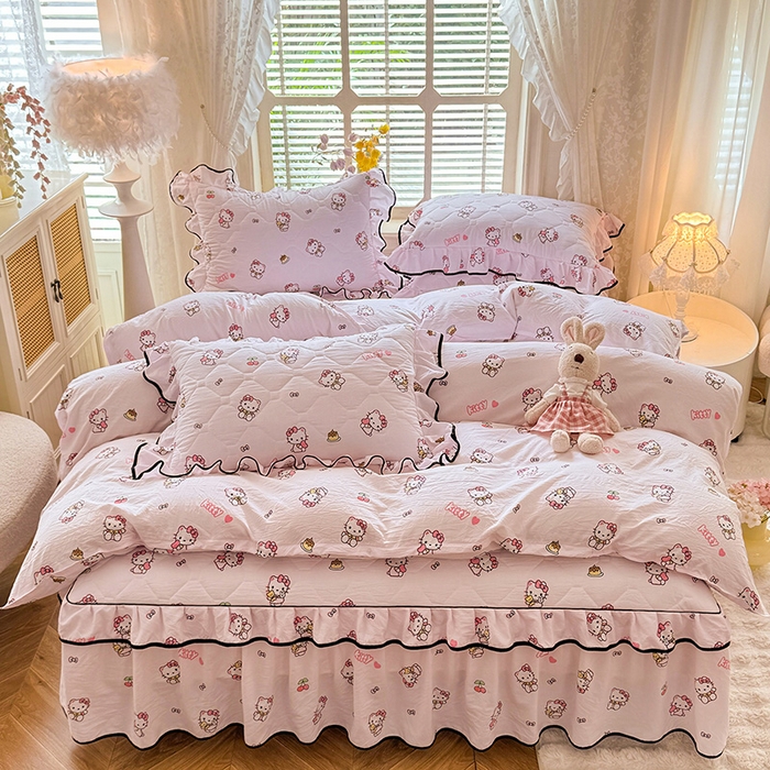 91家纺网 家纺一手货源 找家纺 优家居 2025新品水洗棉夹棉床裙四件套韩版糯糯棉水洗皱皱纱床罩被套直播爆款 粉色猫猫