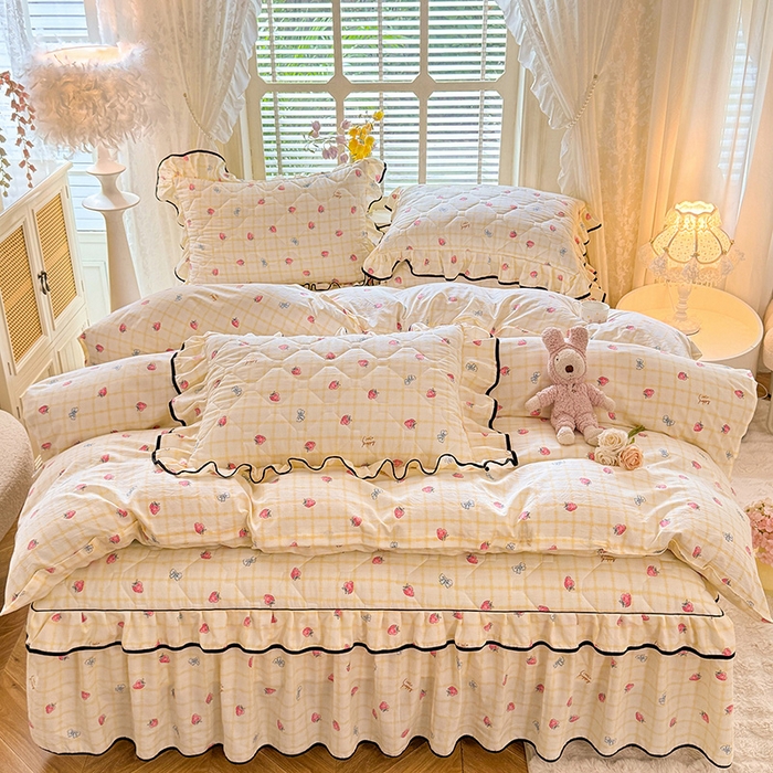 91家纺网 家纺一手货源 找家纺 优家居 2025新品水洗棉夹棉床裙四件套韩版糯糯棉水洗皱皱纱床罩被套直播爆款 莓好时光