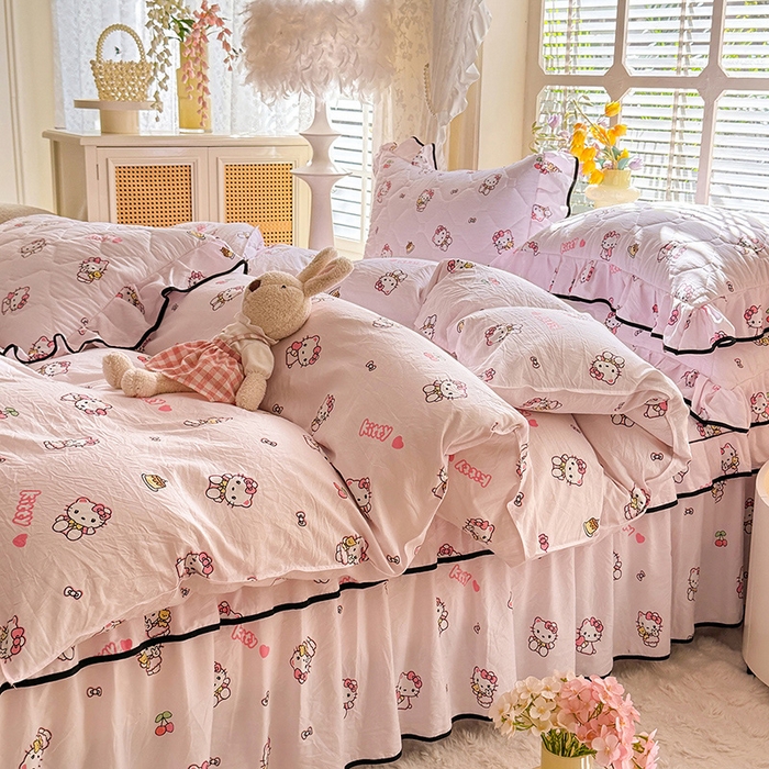 91家纺网 家纺一手货源 找家纺 优家居 2025新品水洗棉夹棉床裙四件套韩版糯糯棉水洗皱皱纱床罩被套直播爆款 粉色猫猫