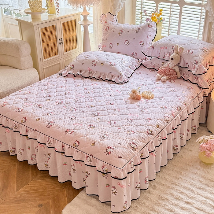 91家纺网 家纺一手货源 找家纺 优家居 2025新品水洗棉夹棉床裙四件套韩版糯糯棉水洗皱皱纱床罩被套直播爆款 粉色猫猫