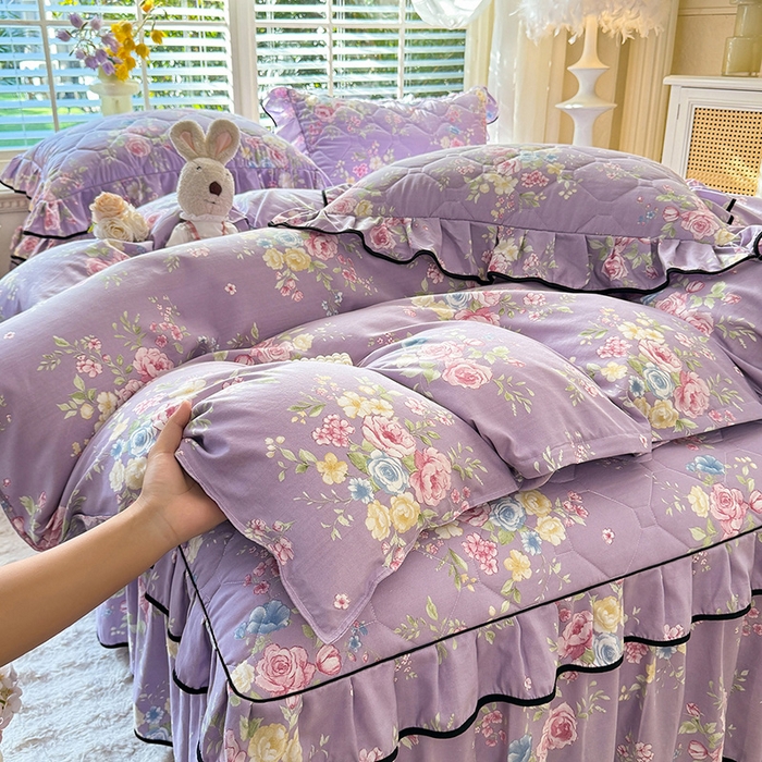 91家纺网 家纺一手货源 找家纺 优家居 2025新品水洗棉夹棉床裙四件套韩版糯糯棉水洗皱皱纱床罩被套直播爆款 秘园絮语