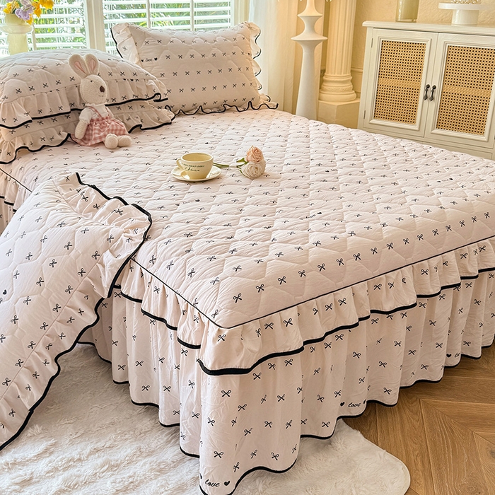 91家纺网 家纺一手货源 找家纺 优家居 2025新品水洗棉夹棉床裙四件套韩版糯糯棉水洗皱皱纱床罩被套直播爆款 爱心蝴蝶结