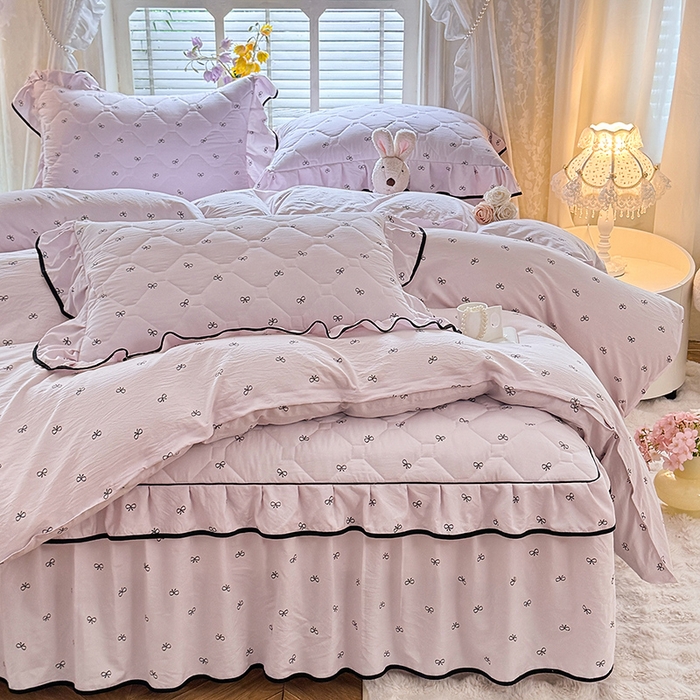 91家纺网 家纺一手货源 找家纺 优家居 2025新品水洗棉夹棉床裙四件套韩版糯糯棉水洗皱皱纱床罩被套直播爆款 粉雾结语