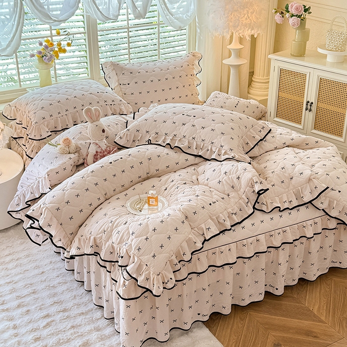 91家纺网 家纺一手货源 找家纺 优家居 2025新品水洗棉夹棉床裙四件套韩版糯糯棉水洗皱皱纱床罩被套直播爆款 爱心蝴蝶结