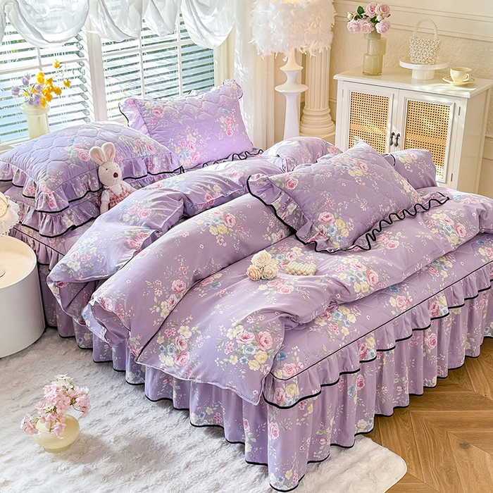 91家纺网 家纺一手货源 找家纺 优家居 2025新品水洗棉夹棉床裙四件套韩版糯糯棉水洗皱皱纱床罩被套直播爆款 秘园絮语