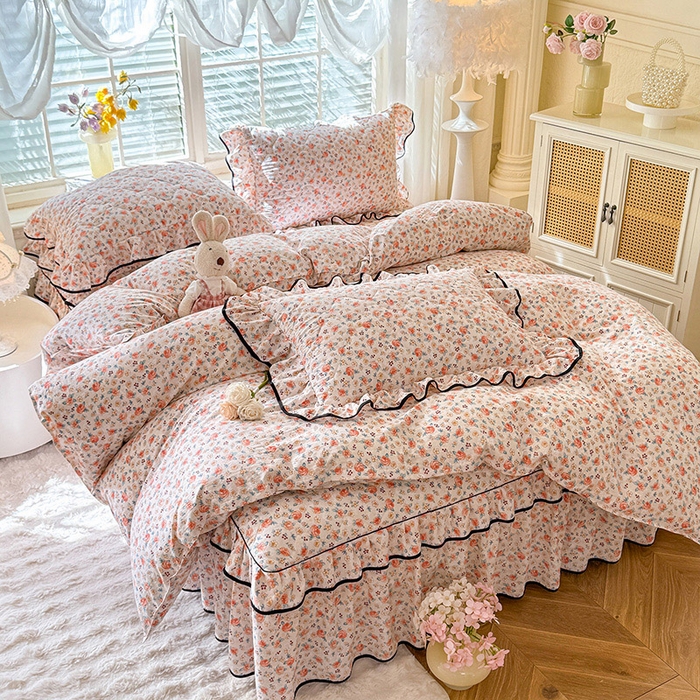 优家居 2025新品水洗棉夹棉床裙四件套韩版糯糯棉水洗皱皱纱床罩被套直播爆款 陌上花开