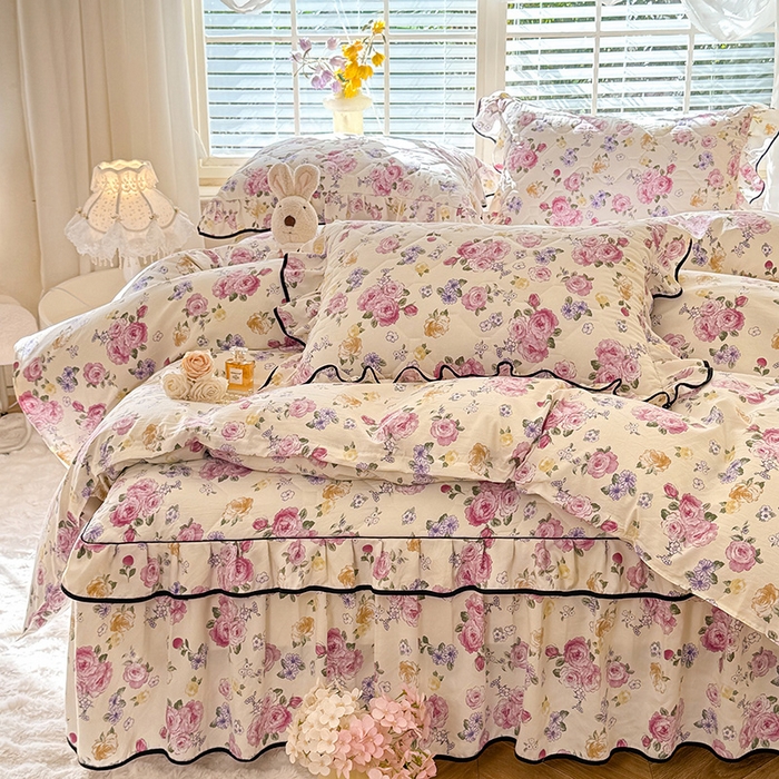 91家纺网 家纺一手货源 找家纺 优家居 2025新品水洗棉夹棉床裙四件套韩版糯糯棉水洗皱皱纱床罩被套直播爆款 紫雾花园